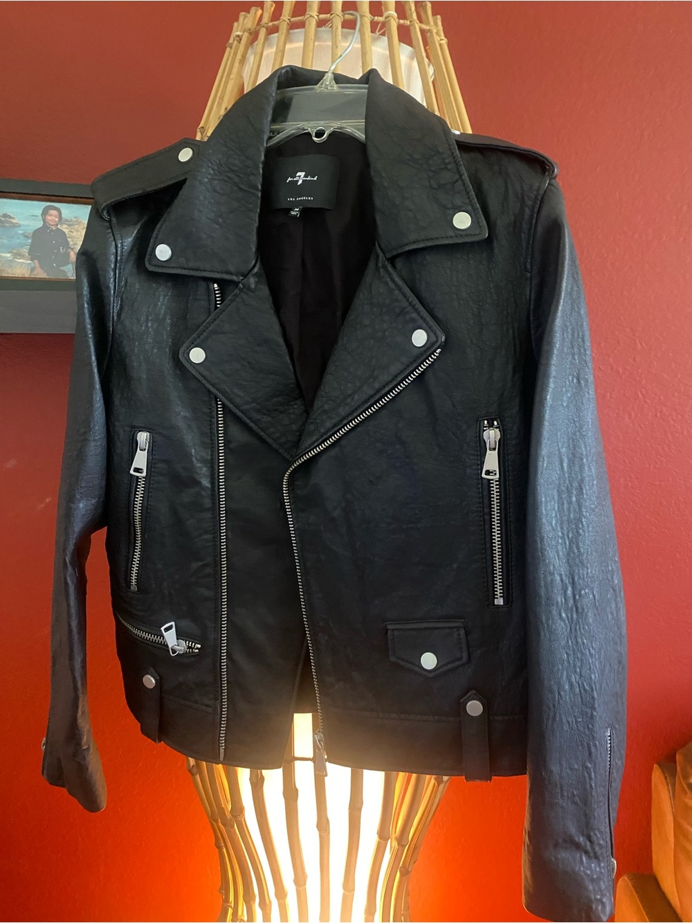 7 For All Mankind Black Leather Biker Jacket